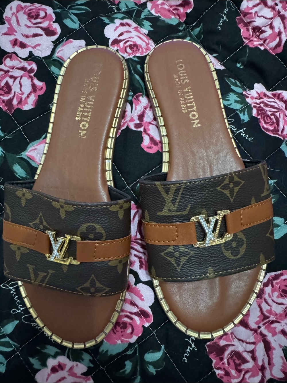 Louis Vuitton Brown Monogram LV Slide Sandals with Gold Hardware